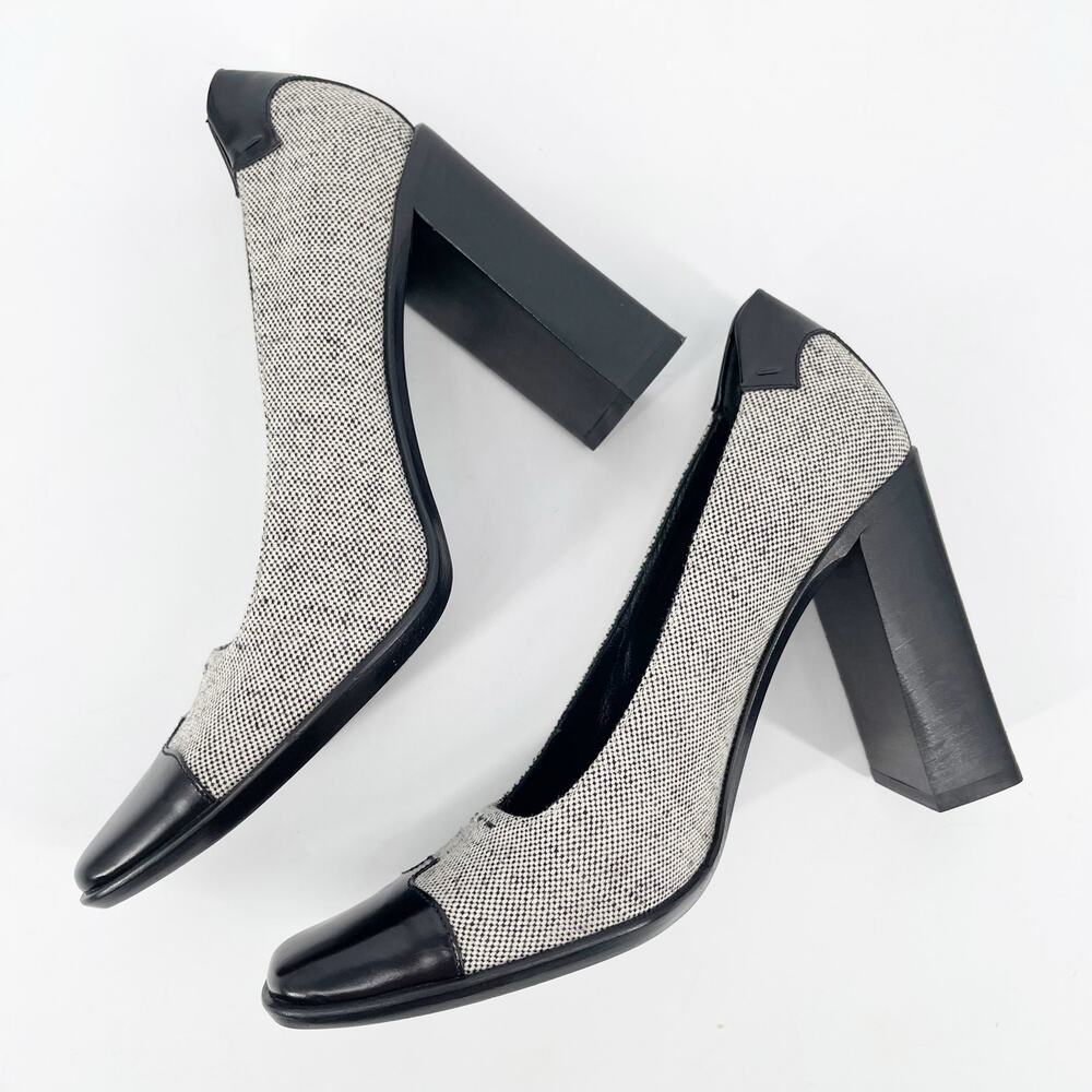 Prada Vintage 90s Black Leather Trim Gray Fabric Square Toe Block Heels IT 38 - Picture 4 of 10